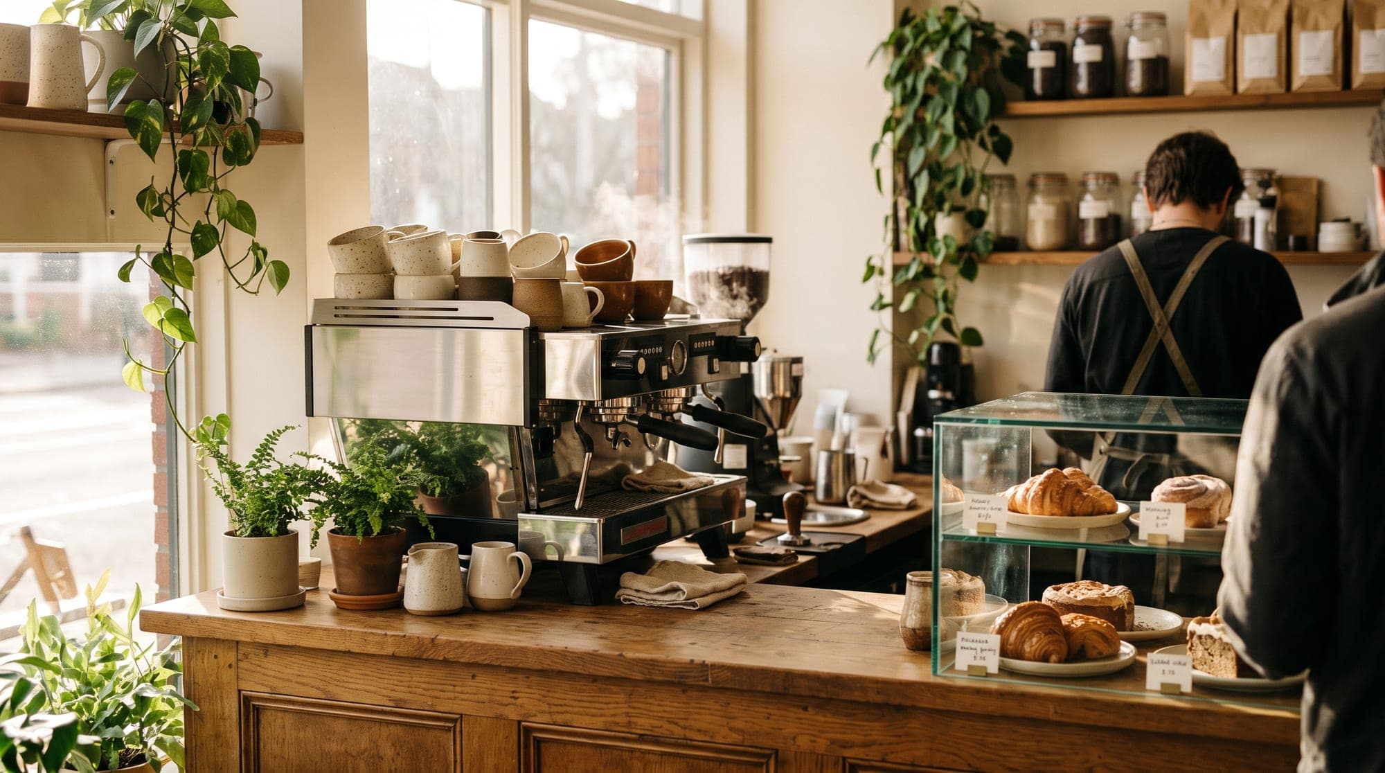 Ember and Oak cafe counter with espresso machine and pastries