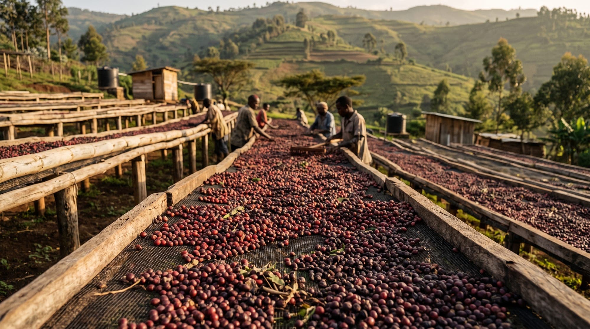 Coffee cherries drying on raised beds in Guji