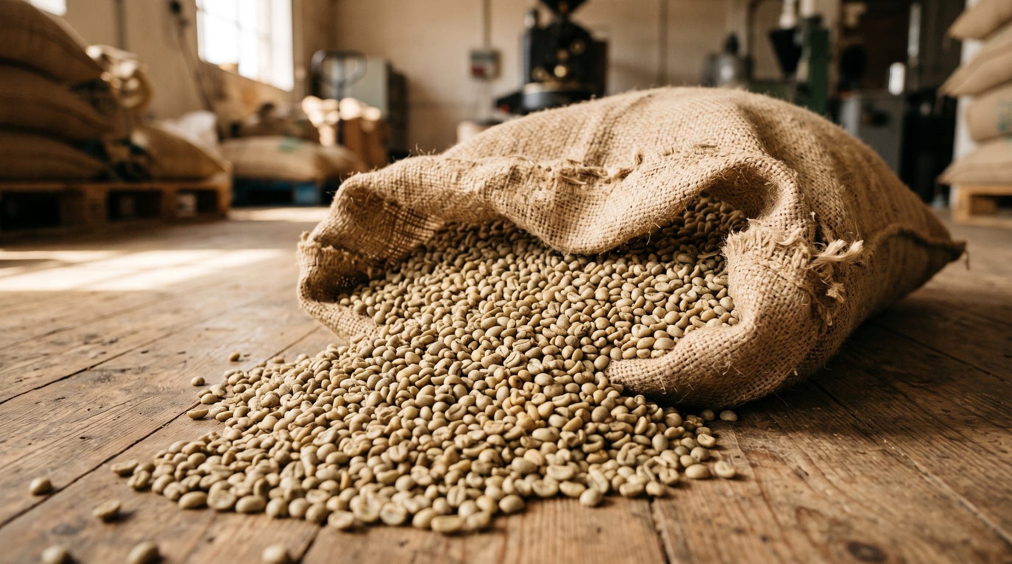 Green coffee beans spilling from a jute sack